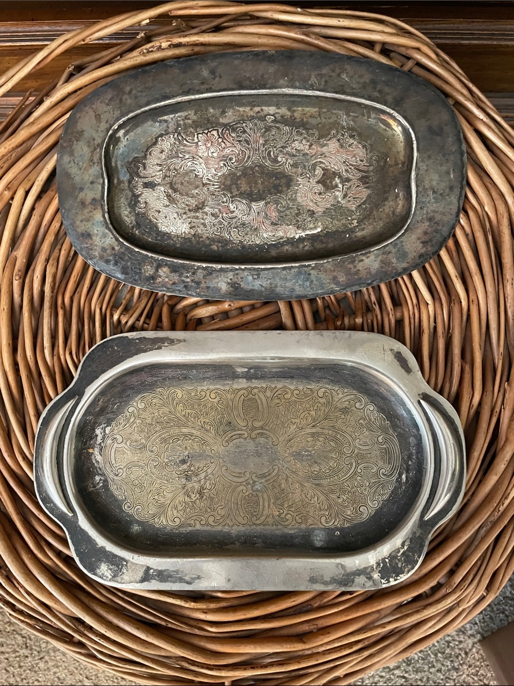 Antique  Silver-Tone Oval  Trays - Set of 2